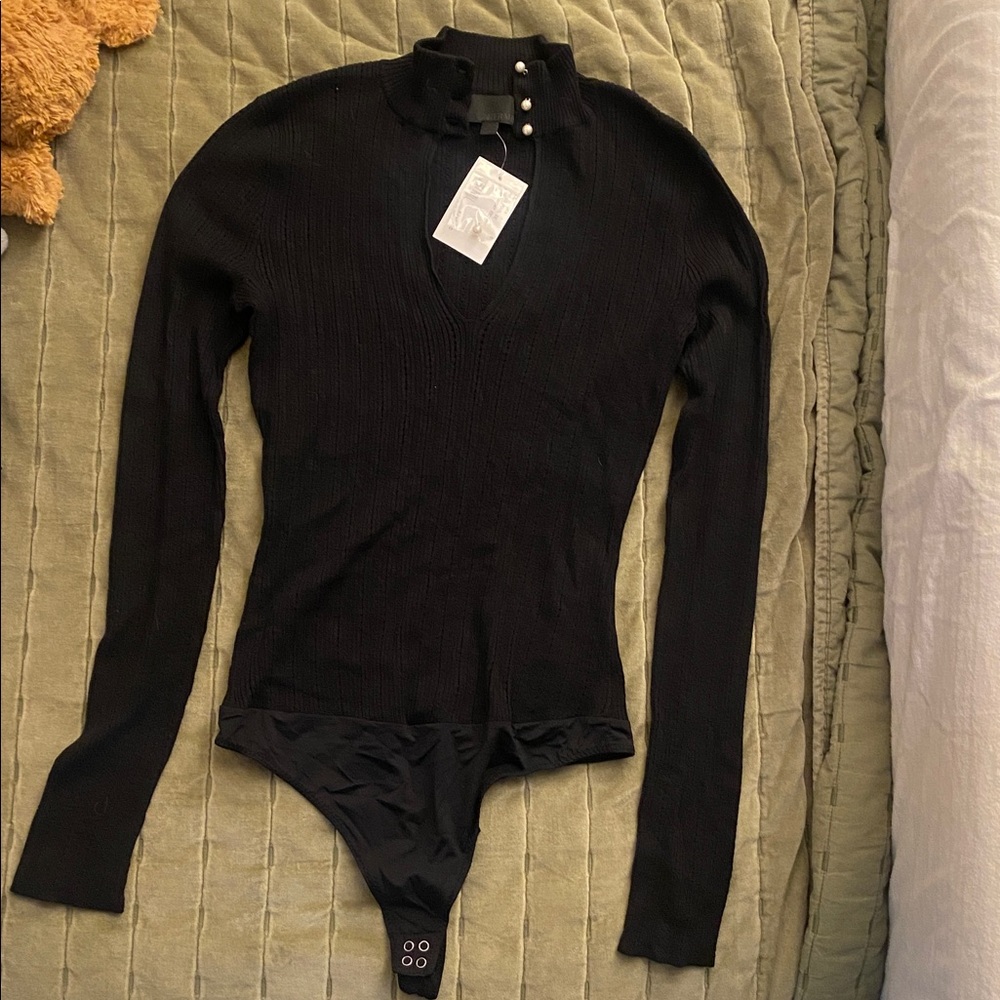 INTERMIX Black Ribbed Long-Sleeve Bodysuit with Pearl Buttons